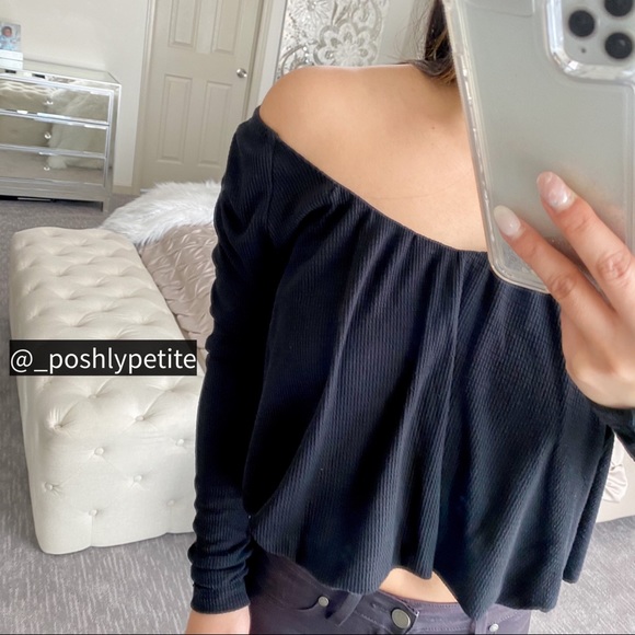 Free People Waffle Knit Thermal Long Sleeve black crop Top - Picture 9 of 15